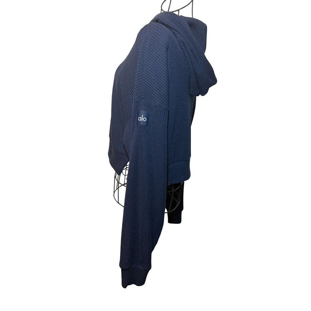 Alo Yoga Muse Hoodie Navy Blue Ribbed Cropped Pullover Sweatshirt Womens S